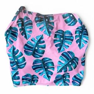 Women’s Tropical Leaf Pink Tube Top Bathing Suit Strapless Swimsuit Medium